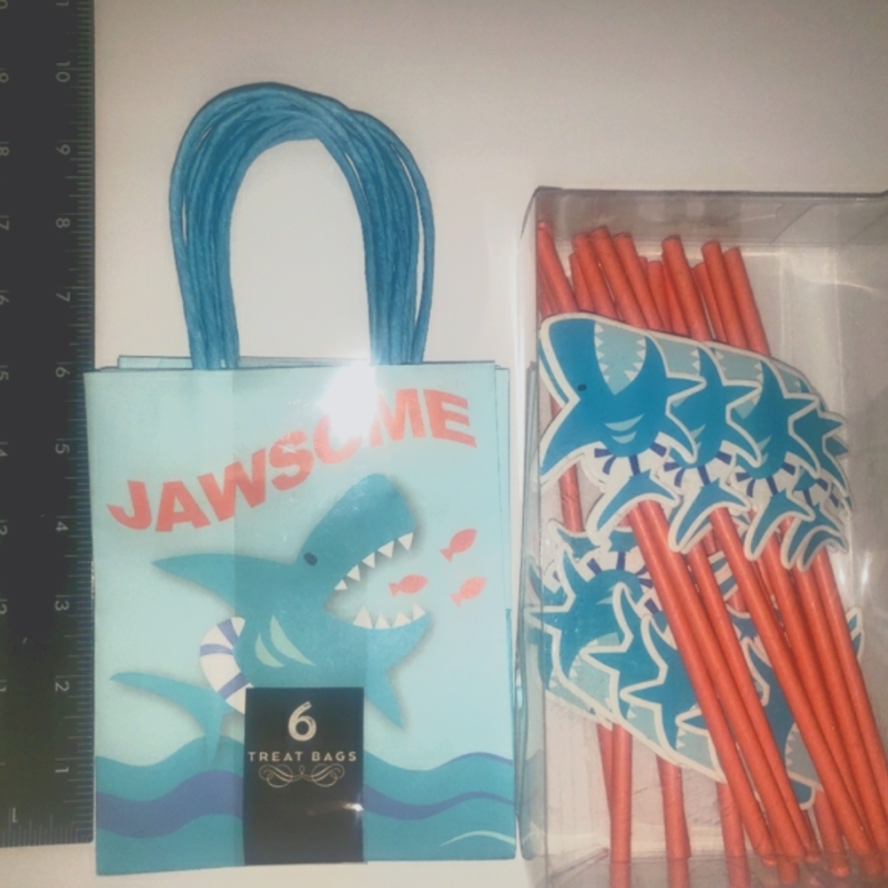 Blue Shark Treat/Favor Bags and Party Straw Bundle Jawesome